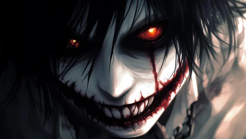 Bloodstained grin and burning eyes in a nightmare close-up.