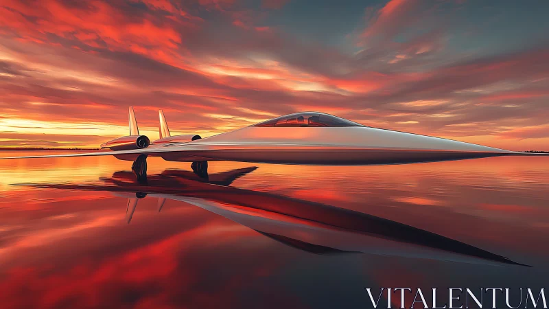 Streamlined concept aircraft reflects across calm water surface