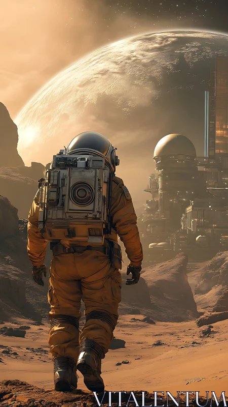 Lone astronaut strides toward a glowing off world colony