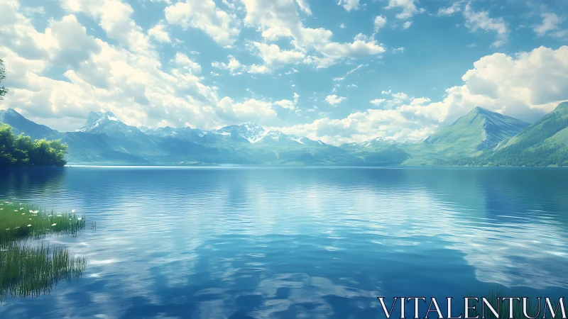 Mountain lake reflects luminous sky over distant peaks.