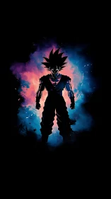 Silhouetted anime fighter stands before neon energy cloud