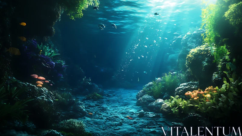 Radiant pelagic grotto with volumetric caustic light dynamics.