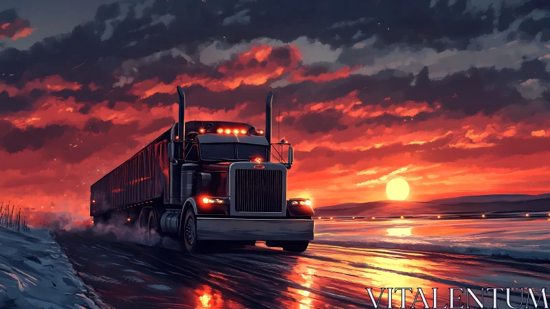 Articulated semi-truck crosses icy highway at high-contrast sunset