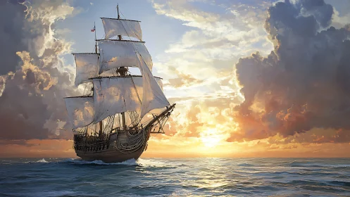 Sailing ship moves across low seas under stratified sunset cloud
