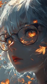 Girl with ember-lit eyes gazes through glowing autumn sparks.