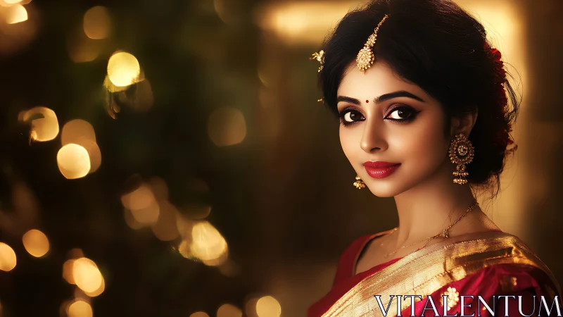 Portrait of woman in traditional attire with bokeh lights.