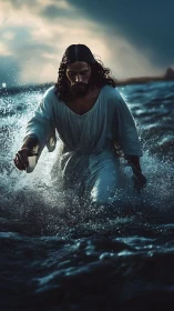 Dramatic messianic figure advancing through storm-lit surf