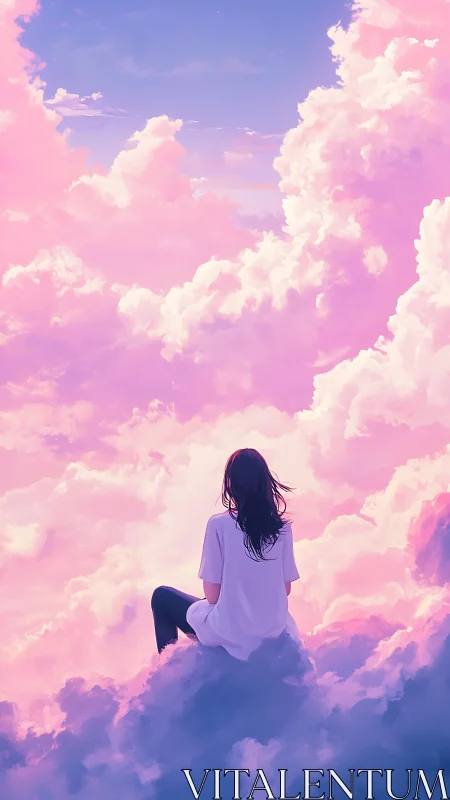 Girl sits above pastel clouds in a tranquil dream sky