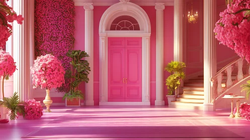 Digital pink atrium interior with neoclassical columns and florals.