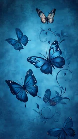Blue butterflies over textured teal background in flight.