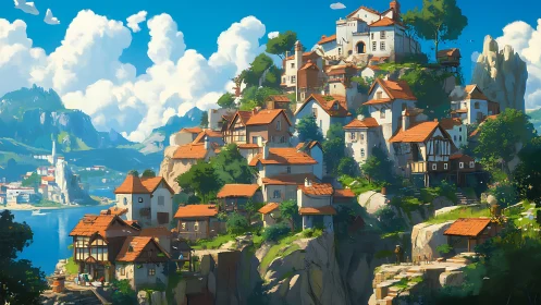 Sunlit cliffside village nestles above a bright blue bay