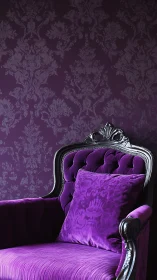 Purple velvet armchair sits before patterned damask wall
