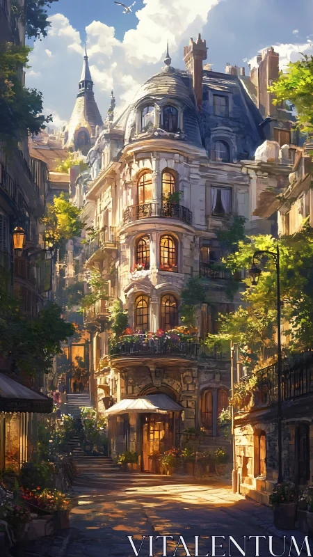 Sunlit European street bathes in warm afternoon glow.