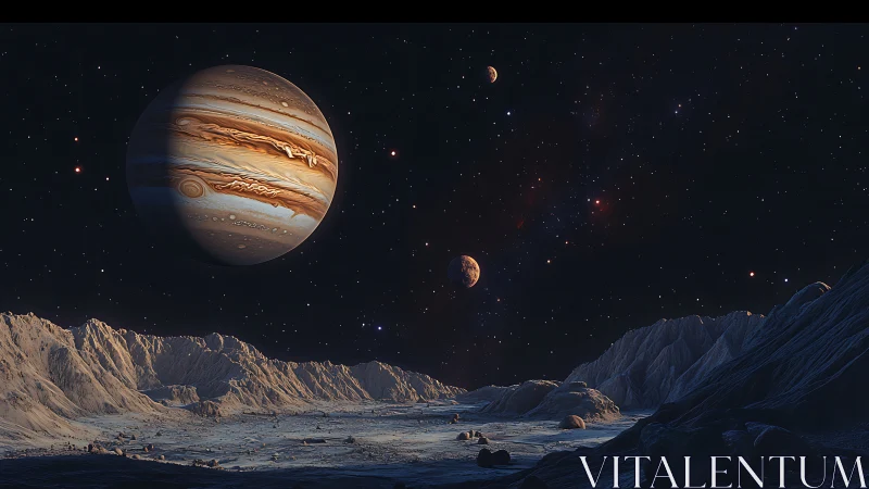 Jovian gas giant over icy cratered moon with distant satellites