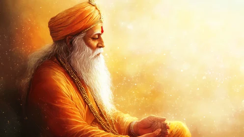 Golden quietude with a serene sage in gentle meditation.