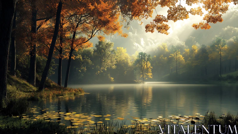 Backlit autumn forest lake renders volumetric light and mist