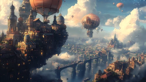 Floating steampunk city with airships over river landscape