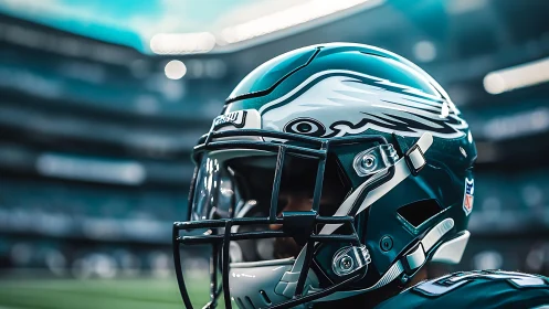 Glossy teal football helmet gleams under bright stadium lights