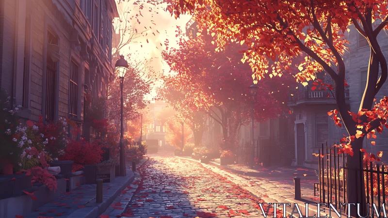Sunlit autumn street glows with falling leaves and quiet charm.