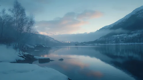 Silent winter fjord lies beneath soft pastel sunrise glow