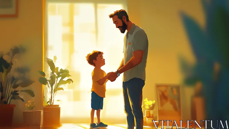 Sunlit domestic vignette of father child interaction dynamics.