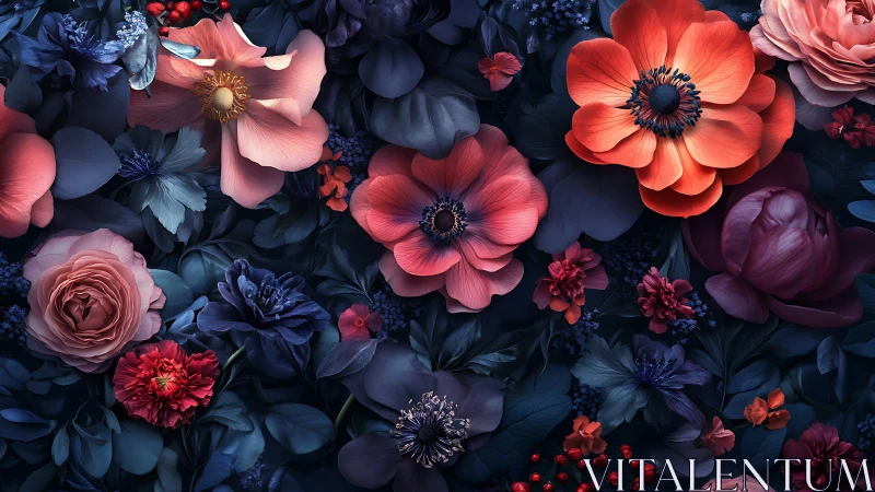 Deep Tones Floral Cascade Against Midnight Shadows.