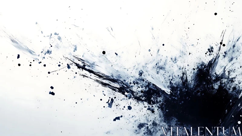 Dynamic Black and Blue Ink Splash Abstract Art on White Canvas.