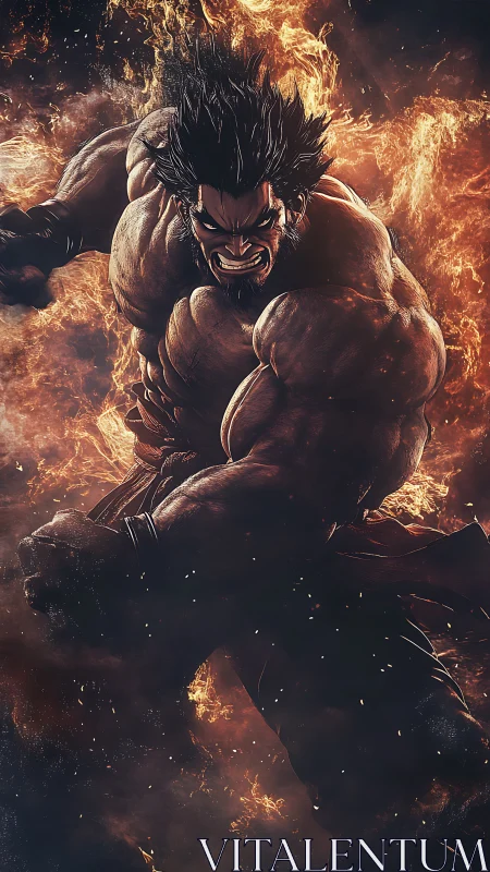 Fiery muscular warrior unleashes power in blazing chaos.