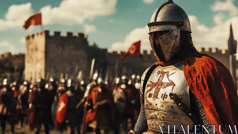 Medieval crusader knight in plate armor before stone fortress