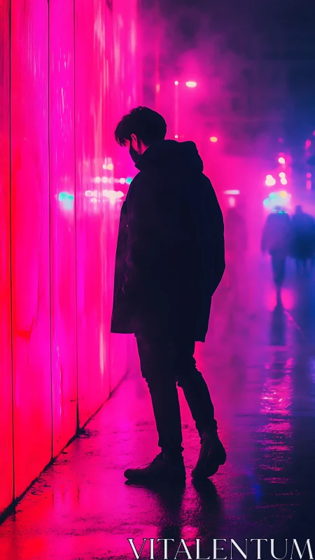 Solitary masked figure in neon magenta fog on wet city street