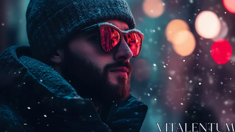 Bearded man in red glasses walks through neon winter snow