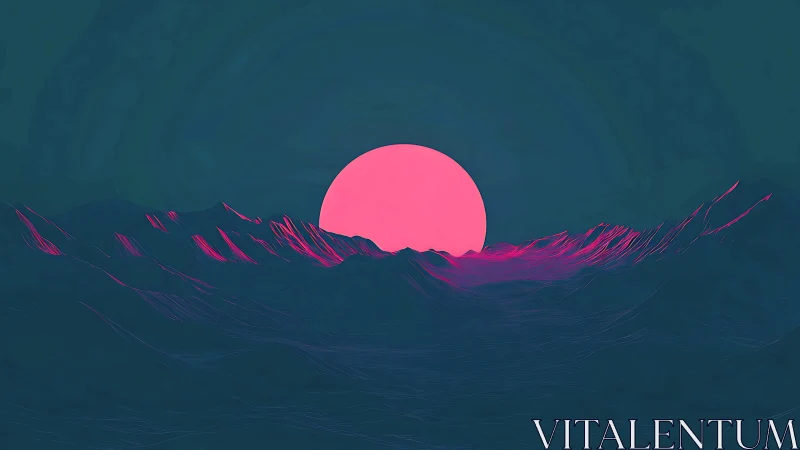 Neon sun drifts above tranquil waves in a dreamy twilight seascape