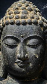 Weathered stone Buddha head in calm frontal close-up view.