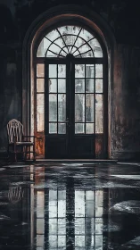 Arched glass doorway with decayed finishes and mirrorlike floor.