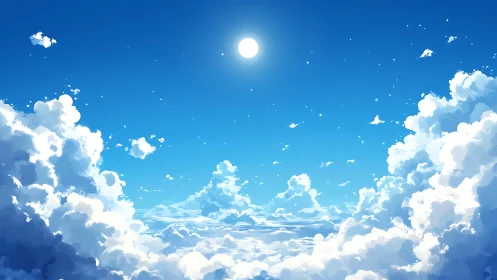 Soft daylight moon drifting above oceans of clouds.