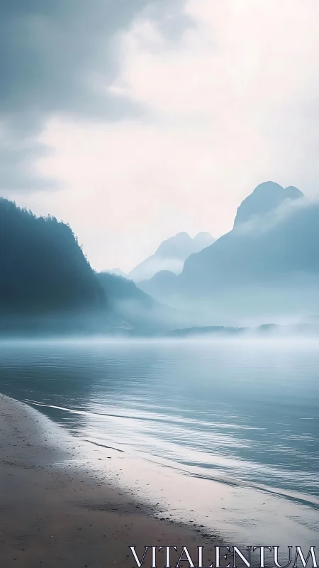 Misty mountain lake shoreline under soft overcast sky.