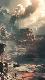 Stormlit fortress rises over a smoldering volcanic valley