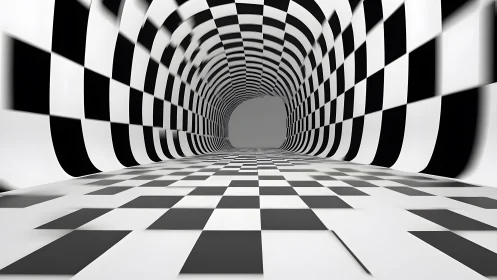 Surreal checkered tunnel with black and white optical illusion pattern.