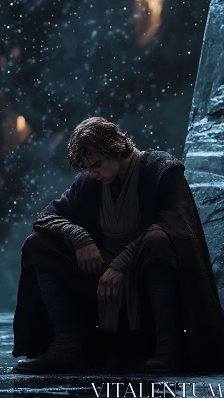 Brooding warrior rests alone beneath falling winter embers