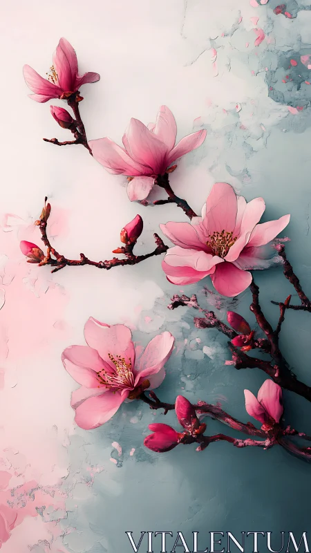 Pink magnolia flowers on branches against textured surface.