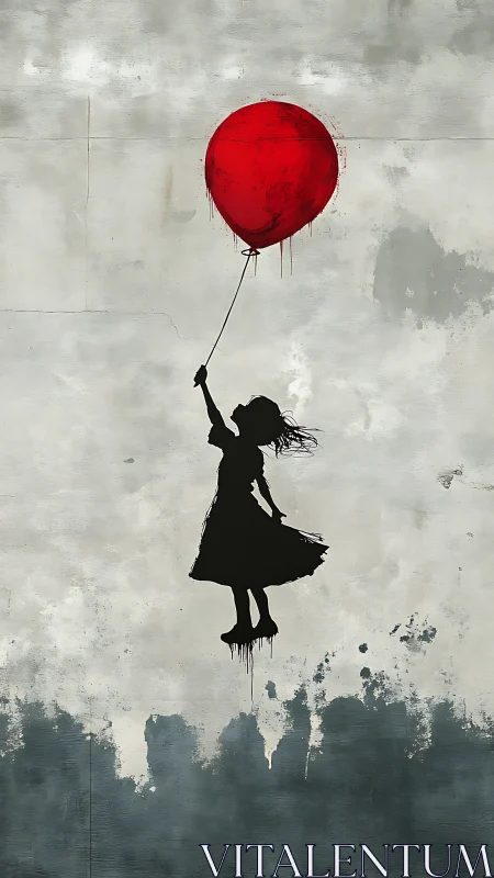 Silhouette girl ascends with red balloon against weathered wall