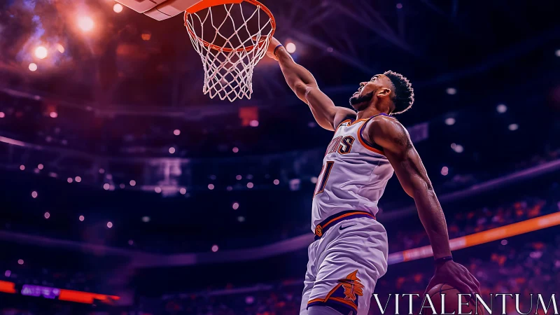 Dynamic courtside dunk under vivid magenta arena lights.
