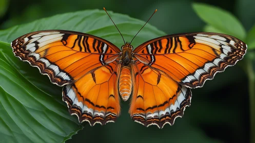 Orange lacewing butterfly spreads patterned wings on leaf