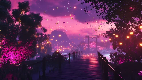 Twilight bridge under lanterns and glowing butterflies.