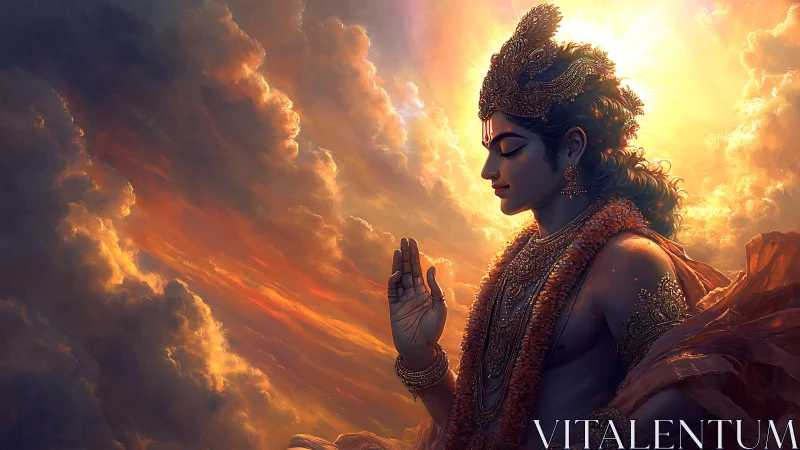 Divine celestial figure blessing amid radiant sunset clouds.