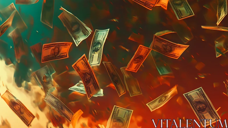 Dollar banknotes float through warm, abstract digital air