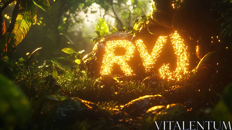Golden RVN Neon Sign in Forest Canopy.