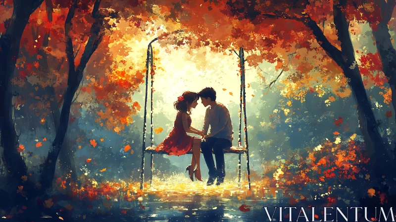Lovers Suspended in Autumn's Golden Embrace Where Light Dances Through Falling Leaves