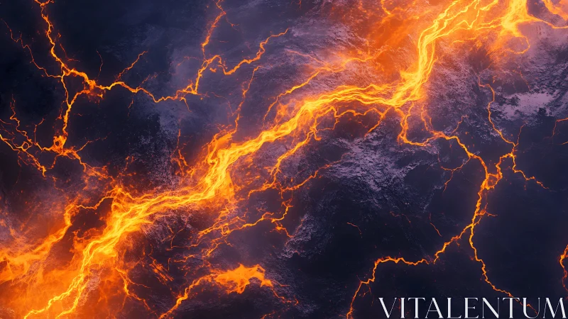 Lava flow terrain with bright incandescent channels and dark cooled ground.