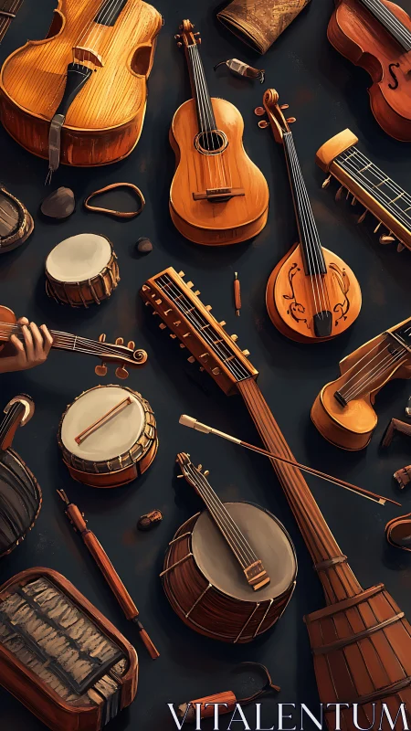 Orchestrated array of wooden string and percussion instruments.